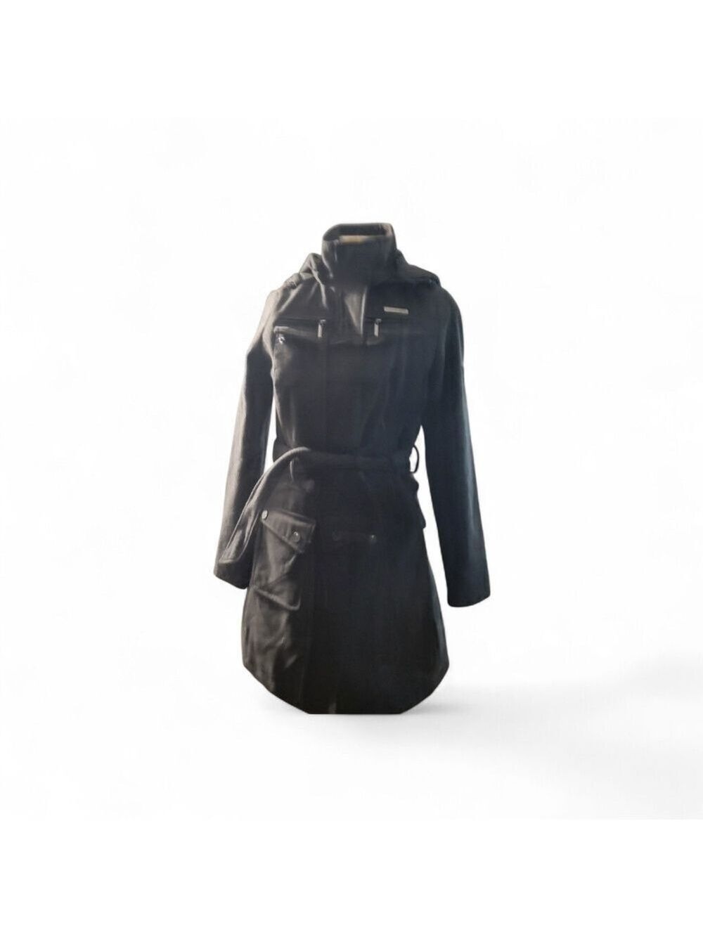 Rocawear Black Wool Belted Hooded Jacket with Logo Pattern Small - Picture 2 of 6